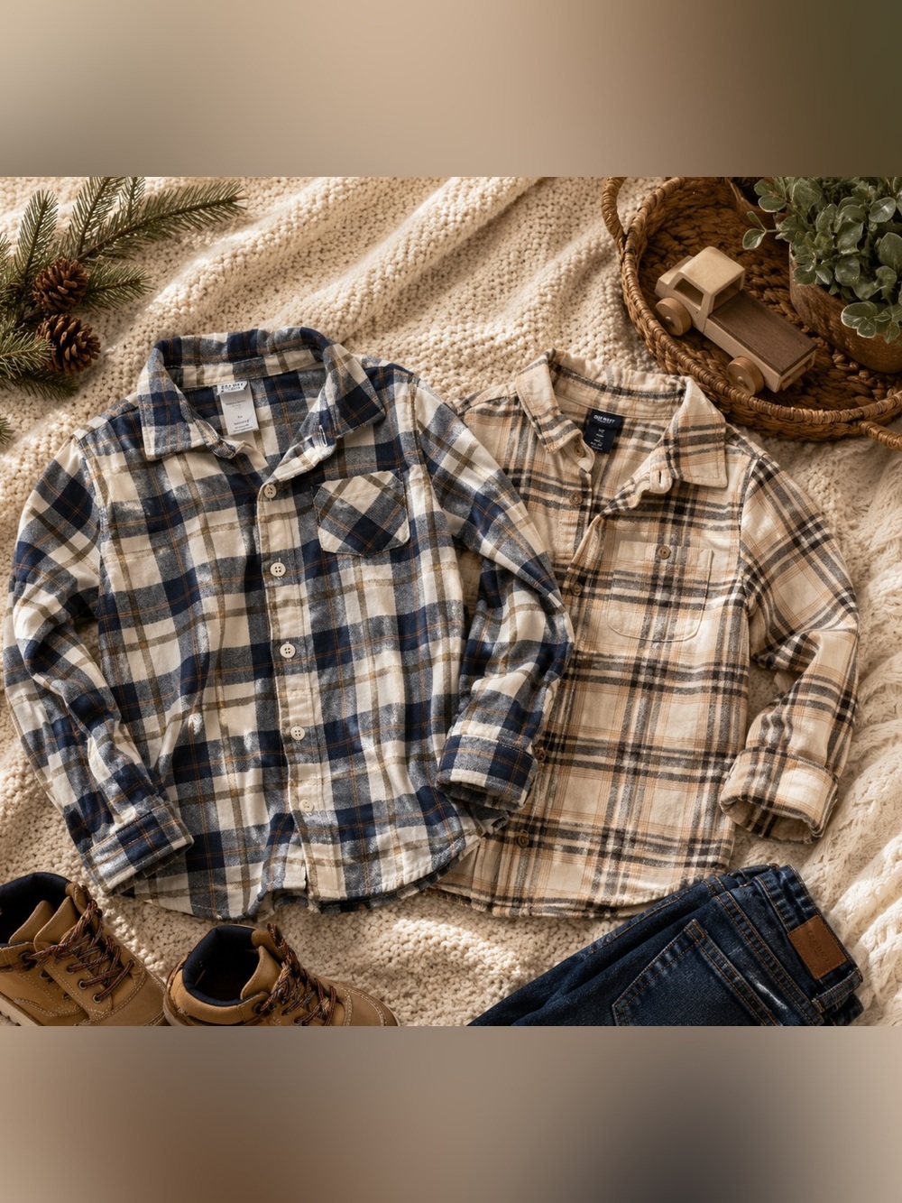 Bundle of boys long sleeve Kids Plaid Button-Up Shirt - Blue & Cream Brown